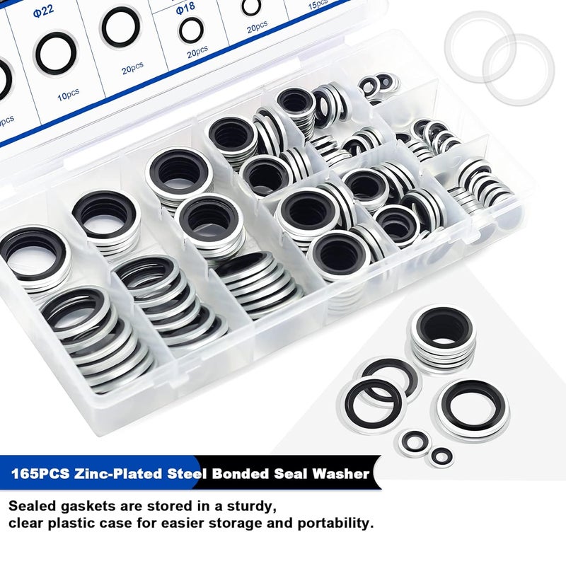 Daptemn 165PCS Bonded Sealing Washers, NBR Metric Zinc-Plated Steel Self-Centred Sealing Rubber Washers, Automotive Seal Gasket Crush O-Ring Assortment Kit Set M6 to M24 - Image 3